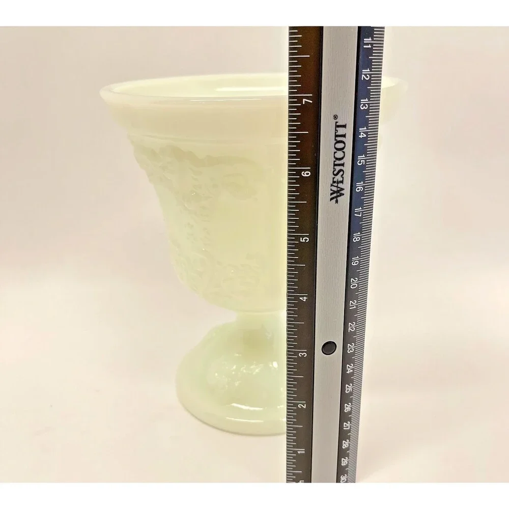 Vintage E.O. Brody M4300 Milk Glass Pedestal Vase Planter 7” Grape Scroll USA